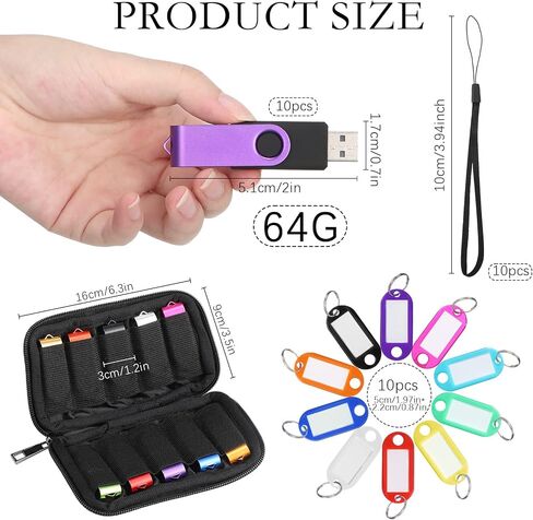 10 Pack Flash Drives with Lanyards, Key Tags and Storage Case Metal USB 2.0 Thumb Bulk Swivel Memory Colorful Portable Keychain Zip for Data (32GB) in Kuwait