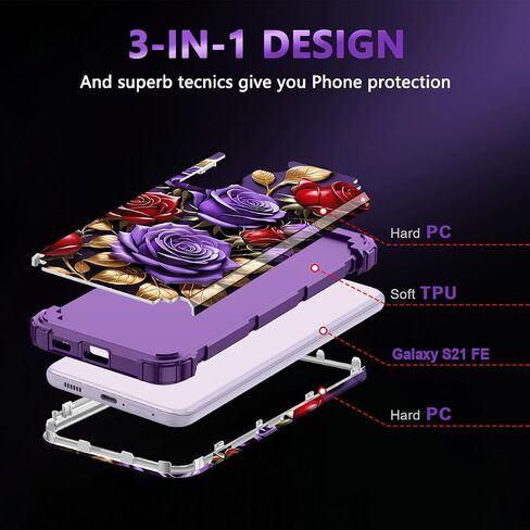 حافظة Rancase لهاتف Galaxy S21 FE 5G، حماية شديدة التحمل من ثلاث طبقات من البلاستيك الصلب + حافظة واقية من مطاط السيليكون الناعم لهاتف Samsung Galaxy S21 FE 5G، أرجواني in Saudi Arabia