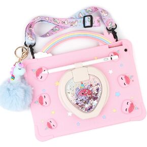 [Super Cute Rainbow Handle Unicorn Case] for iPad Pro 9.7 Inch 2016 (Old Model), iPad Air 2 (2nd Generation) Pop it Case Cover for Kids Girls with Hand Strap and 360° Rotating Stand - Pink