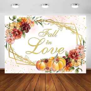 Avezano Fall in Love Backdrop Autumn Pumpkin Flower Wedding Love Bridal Shower Party Photography Background Fall Watercolor Flowers Romantic Love Couple Anniversary Decorations Banner Props (7x5ft)