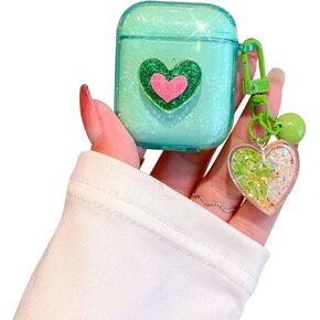 Ownest Compatible for AirPods Case, Cute 3D Heart Clear TPU Shockproof Cover Case Glitter with Bell Keychain for Women Girls for Airpods 2&1-Pink