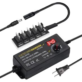 Delinx 60W PC Fan Power Supply, 3-pin 4-Pin Computer Cooler Fans Speed Controller, LED Lighting Brightness Cotnrol, 1 to 5 Way Splitter Cable,100-240vAC to 3-12vDC 5A Adjustable Fan Adapter