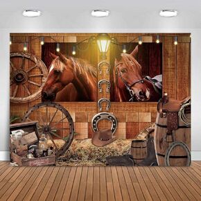 7x5FT Western Wild Stable Background Photography Western Cowboy Wooden Grain Brown Barn Wooden Wheel Birthday Party Cake Table Decoration Backdrop Photo Studio Props Banner