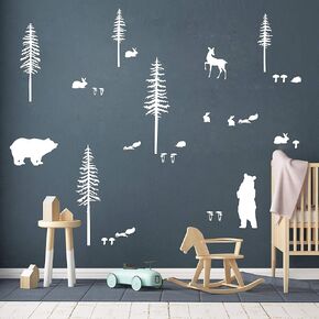 Woodland Animals Wall Sticker Pack, Woodland Decor for Kids Rooms or Baby Nursery, Bear and Tree Decal Sticker, Vinyl Wall Decals for Bedroom and Living Room A28 (White)