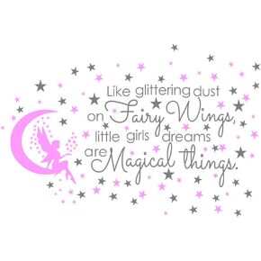 Fairy and Dream Wall Sticker - Removable PVC Decal with Glittering Wings and Magical Quote - Fairy Moon and Stars Wall Art for Girls Bedroom, Kids Room -effect 24"x35"inch (Gray-JWH290-Fairy