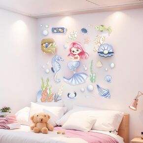 Mermaid Wall Decals, Girl's Room Wall Stickers, Ocean Fish Whale Turtle Wall Stickers for Nursery Living Room Bedroom Kid's Room Girl’s Room School Classroom (Mermaid 1)