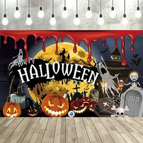 Happy Halloween Day Backdrop 5.9x3.6FT Halloween Theme Poster Banner Backdrop Halloween Pumpkin,Bat,Ghouls,Spide for Brithday Photo Booth Background Party Decoration Supplies (Red Black)