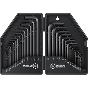30 PCS Hex Head Key Allen Wrench Tool Set Organizer Kit Alloy Steel L Shape Black Metric (0.7-10 mm) SAE (0.028"-3/8") Standard In Storage Case Long Short Arm