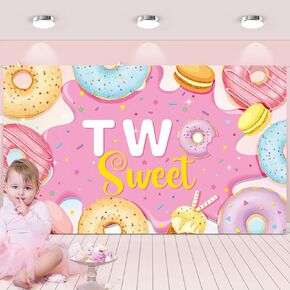 Tiamon Two Sweet Birthday Backdrop Banner Decoration, Pink Donut 2nd Birthday Party Photography Background Props for Girl Donut Grow up Candy Party Baby Shower Supplies, 6 x 4 Ft
