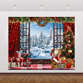 Christmas Backdrop 10x8ft Window Winter Forest Snow Xmas Tree Background Christmas Festival Party Banner Backdrops Christmas Party Decorations Photo Booth Props