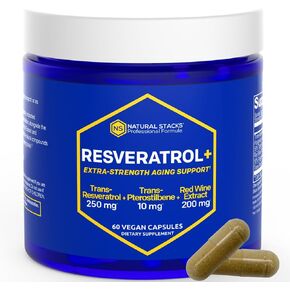 NATURAL STACKS Resveratrol Antioxidant Supplement - Trans-Pterostilbene 10 mg | Extra Strength Aging Support with Red Wine Extract 200 mg & Trans-Resveratrol 250 mg - 60 Resveratrol Capsules