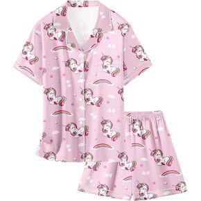 Schbbbta Silk Pajama Set for Girl Satin Button-up Pajama Sleepwear Gifts for Kids, Orange, 7-8 Years = Tag 140