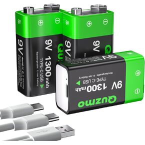 4-Pack Rechargeable 9V Batteries, 1300mAh 9 Volt Lithium-ion Long Lasting Power, USB-C Recharge with 2 in 1 Charging Cable for Smoke Alarms,Multimeters,Microphones,Walkie-Talkie,Toys