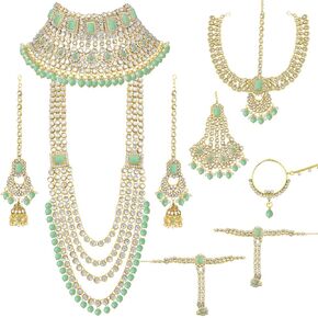 Aheli Indian Heavy Bridal Jewelry Set Long Choker Necklace Earrings Maang Tikka Nath Paasa Hath Phool Traditional Faux Kundan Beads Wedding Wear for Women White