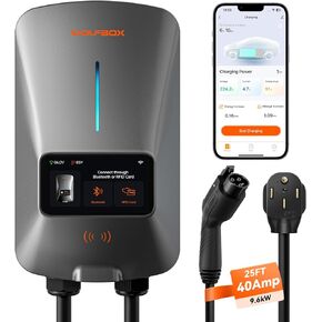 WOLFBOX Level 2 EV Charger 40 Amp - Smart Display, RFID Card, 25ft Cable, Outdoor/Indoor, NEMA 14-50 EV Charger Level 2, WiFi Enabled Electric Car Charger, 240V Electric Vehicle Charging Stations