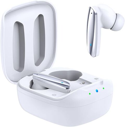 سماعات أذن بلوتوث ستيريو لاسلكية حقيقية مع علبة شحن، سماعات رأس ستيريو بلوتوث 5.0 داخل الأذن، ميكروفون مدمج، سماعات صوت ممتازة، صوت جهير عميق، صوت هاي فاي، أبيض رياضي in Kuwait