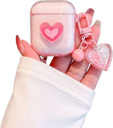 Ownest Compatible for AirPods Case, Cute 3D Heart Clear TPU Shockproof Cover Case Glitter with Bell Keychain for Women Girls for Airpods 2&1-Pink in Saudi Arabia