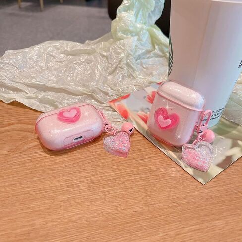 Ownest Compatible for AirPods Case, Cute 3D Heart Clear TPU Shockproof Cover Case Glitter with Bell Keychain for Women Girls for Airpods 2&1-Pink in Saudi Arabia