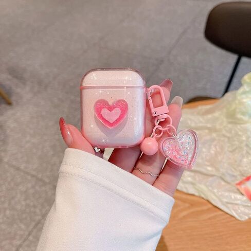 Ownest Compatible for AirPods Case, Cute 3D Heart Clear TPU Shockproof Cover Case Glitter with Bell Keychain for Women Girls for Airpods 2&1-Pink in Saudi Arabia