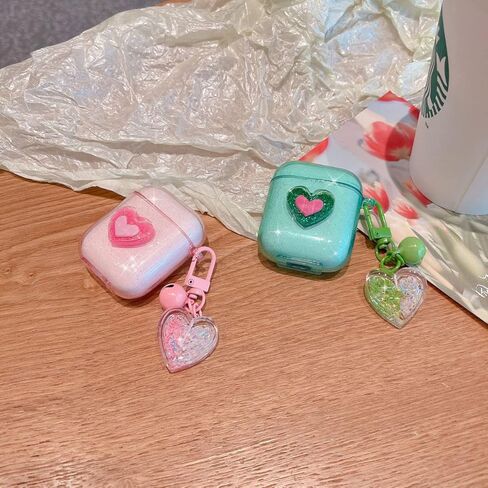 Ownest Compatible for AirPods Case, Cute 3D Heart Clear TPU Shockproof Cover Case Glitter with Bell Keychain for Women Girls for Airpods 2&1-Pink in Saudi Arabia