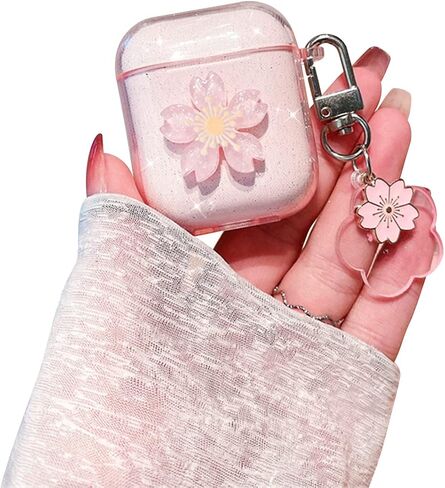 Ownest Compatible for AirPods Case, Cute 3D Heart Clear TPU Shockproof Cover Case Glitter with Bell Keychain for Women Girls for Airpods 2&1-Pink in Saudi Arabia