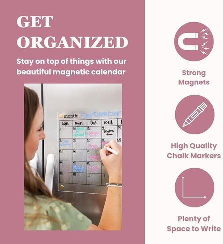 Clear Magnetic Calendar for Fridge w/Gold Magnets 17"x13" White Print | Included 4"x9" Acrylic Notepad & Accessories | Magnetic Acrylic Calendar for Fridge | Clear Fridge Calendar in Kuwait