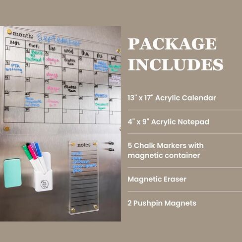Clear Magnetic Calendar for Fridge w/Gold Magnets 17"x13" White Print | Included 4"x9" Acrylic Notepad & Accessories | Magnetic Acrylic Calendar for Fridge | Clear Fridge Calendar in Kuwait