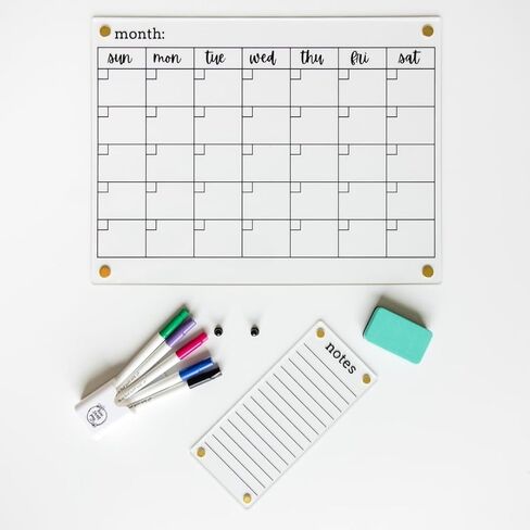 Clear Magnetic Calendar for Fridge w/Gold Magnets 17"x13" White Print | Included 4"x9" Acrylic Notepad & Accessories | Magnetic Acrylic Calendar for Fridge | Clear Fridge Calendar in Kuwait