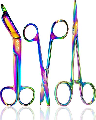 Cynamed Hemostat and Scissors with Multicolor Titanium Coating - Set of 3 - Suture Removal Scissors, Lister Bandage Scissors, Hemostatic Forceps (Standard) in Saudi Arabia