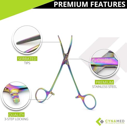 Cynamed Hemostat and Scissors with Multicolor Titanium Coating - Set of 3 - Suture Removal Scissors, Lister Bandage Scissors, Hemostatic Forceps (Standard) in Saudi Arabia