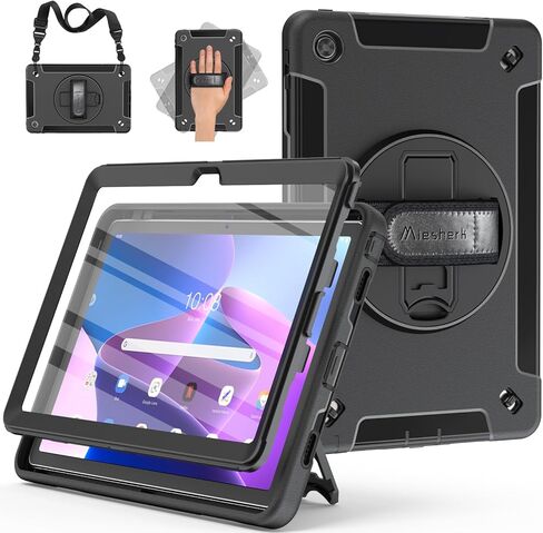 حافظة Miesherk لجهاز Lenovo Tab M10 Plus الجيل الثالث: حافظة مقاومة للصدمات من الدرجة العسكرية لجهاز Lenovo Tablet M10 Plus 10.6 بوصة TB-125F/TB-128F مع واقي شاشة - حزام يد/كتف دوار - أسود in Saudi Arabia