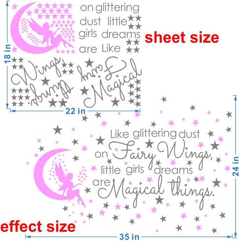 Fairy and Dream Wall Sticker - Removable PVC Decal with Glittering Wings and Magical Quote - Fairy Moon and Stars Wall Art for Girls Bedroom, Kids Room -effect 24"x35"inch (Gray-JWH290-Fairy in Saudi Arabia