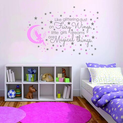 Fairy and Dream Wall Sticker - Removable PVC Decal with Glittering Wings and Magical Quote - Fairy Moon and Stars Wall Art for Girls Bedroom, Kids Room -effect 24"x35"inch (Gray-JWH290-Fairy in Saudi Arabia