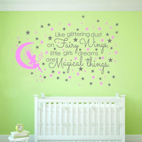 Fairy and Dream Wall Sticker - Removable PVC Decal with Glittering Wings and Magical Quote - Fairy Moon and Stars Wall Art for Girls Bedroom, Kids Room -effect 24"x35"inch (Gray-JWH290-Fairy in Saudi Arabia
