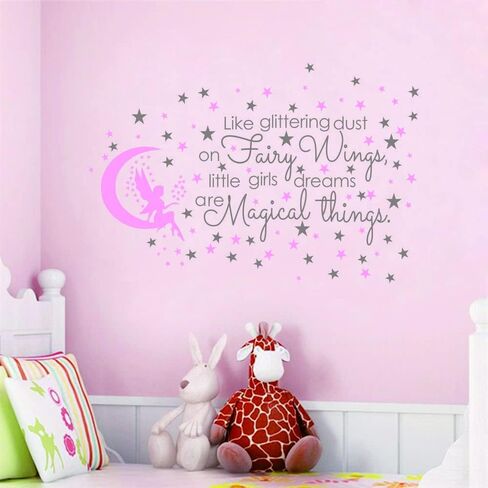 Fairy and Dream Wall Sticker - Removable PVC Decal with Glittering Wings and Magical Quote - Fairy Moon and Stars Wall Art for Girls Bedroom, Kids Room -effect 24"x35"inch (Gray-JWH290-Fairy in Saudi Arabia