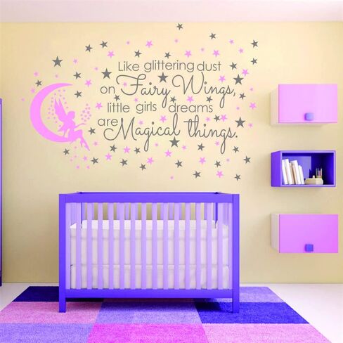 Fairy and Dream Wall Sticker - Removable PVC Decal with Glittering Wings and Magical Quote - Fairy Moon and Stars Wall Art for Girls Bedroom, Kids Room -effect 24"x35"inch (Gray-JWH290-Fairy in Saudi Arabia