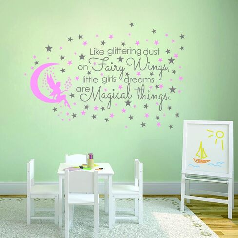 Fairy and Dream Wall Sticker - Removable PVC Decal with Glittering Wings and Magical Quote - Fairy Moon and Stars Wall Art for Girls Bedroom, Kids Room -effect 24"x35"inch (Gray-JWH290-Fairy in Saudi Arabia