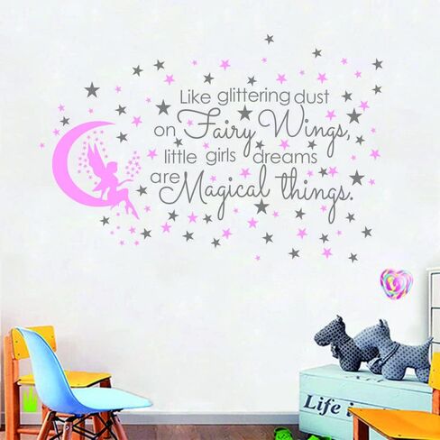 Fairy and Dream Wall Sticker - Removable PVC Decal with Glittering Wings and Magical Quote - Fairy Moon and Stars Wall Art for Girls Bedroom, Kids Room -effect 24"x35"inch (Gray-JWH290-Fairy in Saudi Arabia