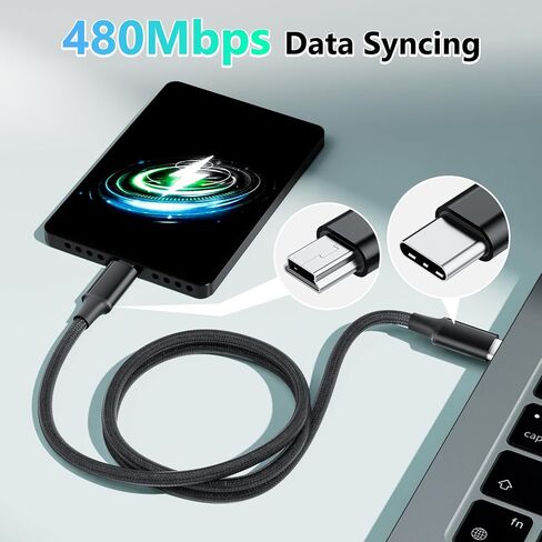 Short USB C to Mini USB Cable 0.25M, Braided USB-C to Mini-B 5-Pin Cord, OTG Charging Sync Data for PC Hero 3+, PS3 Controller, MP3/4, Dash Cam, GPS Receiver, and More Devices in Saudi Arabia