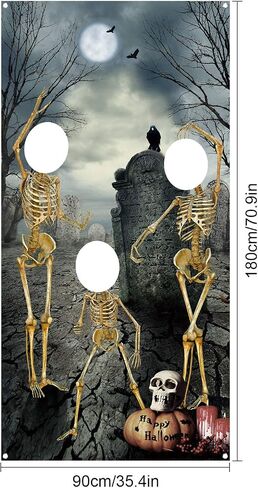 Blulu Halloween Skeleton Backdrop Supplies Photo Hole in Face Skull Photography Background Halloween Theme Party Birthday Party Photo Prop Backdrop for Door Decoration 70.9 x 35.4 Inch in Saudi Arabia