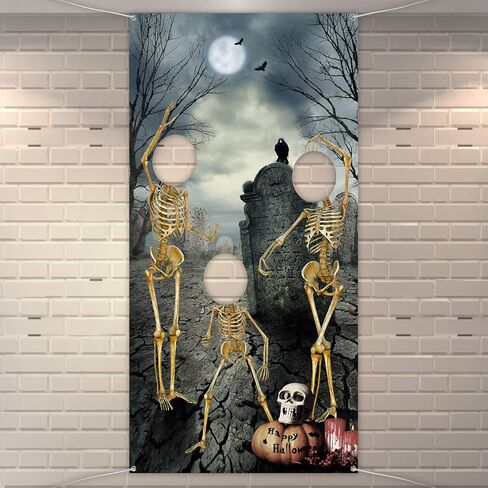 Blulu Halloween Skeleton Backdrop Supplies Photo Hole in Face Skull Photography Background Halloween Theme Party Birthday Party Photo Prop Backdrop for Door Decoration 70.9 x 35.4 Inch in Saudi Arabia