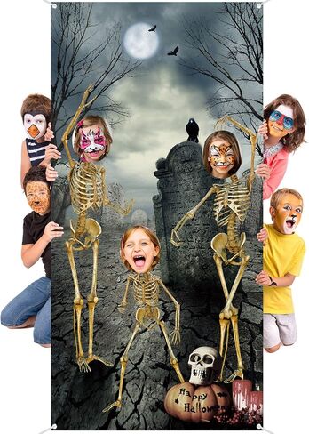Blulu Halloween Skeleton Backdrop Supplies Photo Hole in Face Skull Photography Background Halloween Theme Party Birthday Party Photo Prop Backdrop for Door Decoration 70.9 x 35.4 Inch in Saudi Arabia