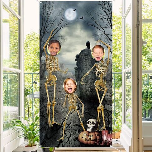 Blulu Halloween Skeleton Backdrop Supplies Photo Hole in Face Skull Photography Background Halloween Theme Party Birthday Party Photo Prop Backdrop for Door Decoration 70.9 x 35.4 Inch in Saudi Arabia