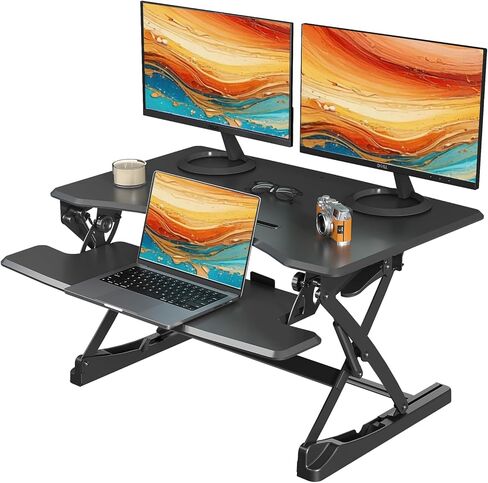 محول مكتب قائم من Joy Seeker بارتفاع 35 بوصة وقابل للتعديل للجلوس والوقوف على سطح المكتب مع نوابض غازية مزدوجة مع صينية لوحة مفاتيح واسعة لأجهزة الكمبيوتر المحمولة ومحطة عمل مزدوجة للشاشة، أسود in Kuwait