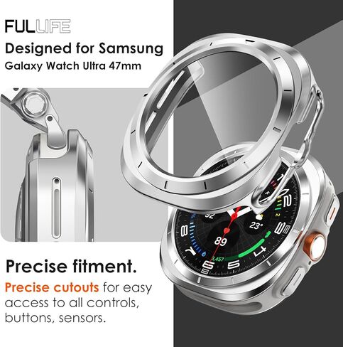FULLIFE متوافق مع حافظة Samsung Galaxy Watch Ultra مقاس 47 ملم للرجال والنساء، حافظة متينة مع غطاء حماية كامل عالي الدقة من الزجاج المقسى لساعة Galaxy Watch 7 Ultra (2024) in Kuwait