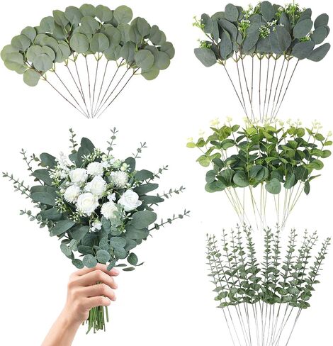 Eucalyptus Leaves Stems 100 PCS, 4 Kinds Mixed Artificial Greenery Stems for Wedding Decor Vase Floral Arrangement Centerpiece in Saudi Arabia