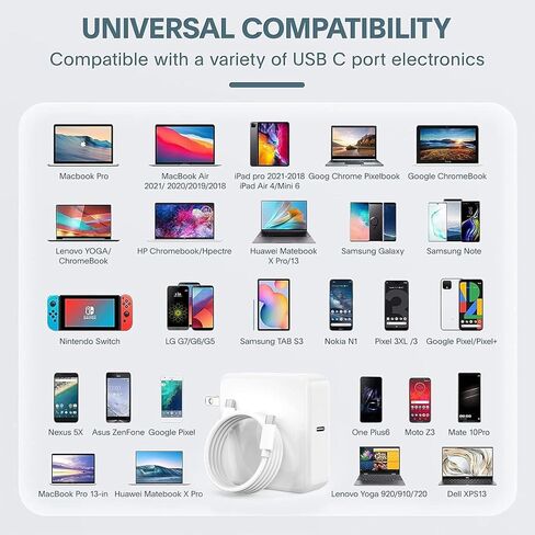 شاحن Mac Book Pro - شاحن USB C بقوة 96 وات شاحن سريع لأجهزة MacBook Air وiPad Pro وiPhone 15 وشاحن الكمبيوتر المحمول من النوع C شحن سريع، يتضمن كابل شحن in Kuwait