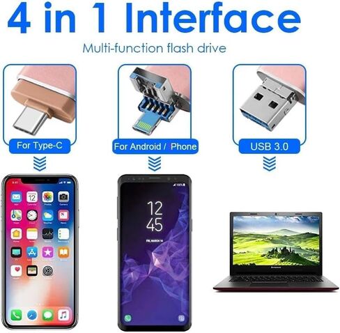 محرك أقراص فلاش USB 4 في 1 سعة 64 جيجابايت مع محول من النوع C للهاتف والوسادة، عصا صور، محركات أقراص USB خارجية عالية السرعة لتخزين الصور لحفظ المزيد من الصور ومقاطع الفيديو (ذهبي) in Kuwait