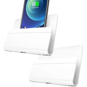 2pcs Adhesive Wall Mount Phone Holder Mobile Phone Charger Socket Pocket Multi-Purpose Phone Charging Dock Damage Free Storage Box Perfect for iPhone Smartphone Mini Table Remote Control (White)