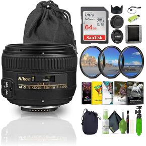 Nikon AF-S NIKKOR 50mm f/1.4G Auto Focus Lens + Memory Card Wallet + Ultra 64GB Memory Card + Card Reader + 3 Piece Filter Kit + 12 Inch Flex Tripod + Photo Editing Software + More